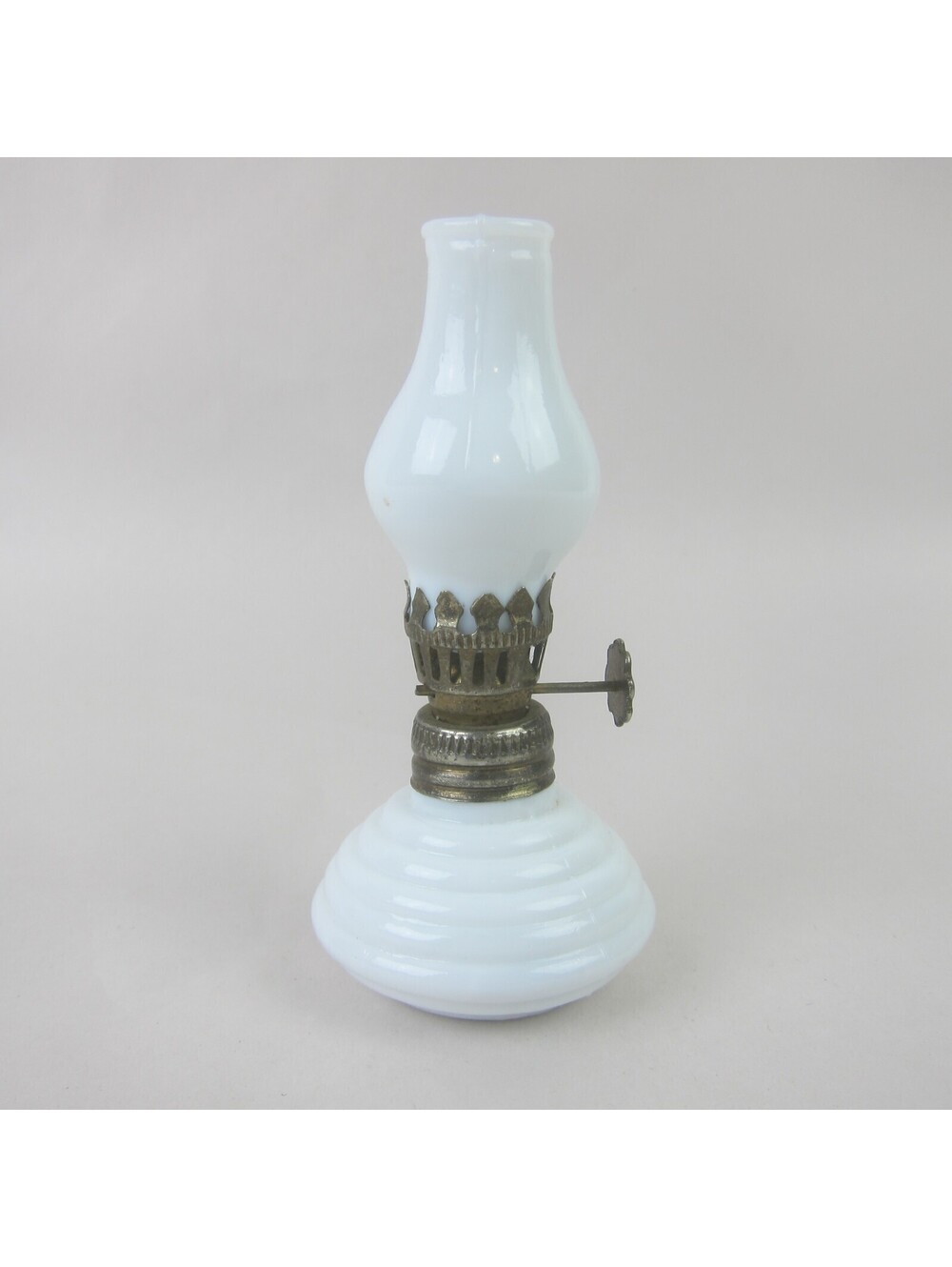 Antique Miniature Oil Lamp White Milk Glass Chimney & Beehive Base 4.5" Tall